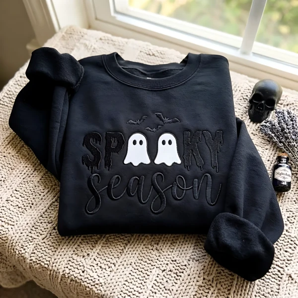 Spooky Season Embroidered Ghost And Bat Sweatshirt, Halloween Gift Black Fall Apparel