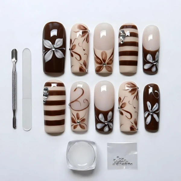Espresso Brown Cream 3D Floral Striped Rhinestones, Handmade Press-On Nails, Luxury Gift Set