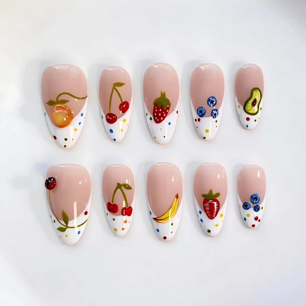 White French Summer Fruit Nail Art, Long Almond Press On Nails, Cute Summer Holiday Gift For Her
