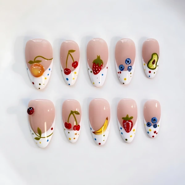 White French Summer Fruit Nail Art, Long Almond Press On Nails, Cute Summer Holiday Gift For Her
