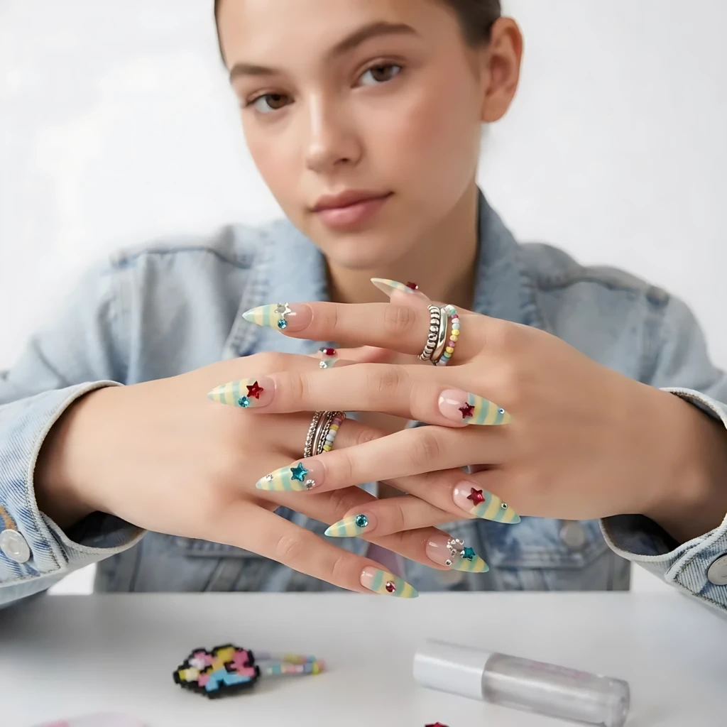 Pastel Yellow And Teal Striped Star Charm Press On Nails, Y2K Stiletto Set, Gift For DIY Manicure