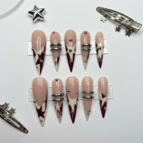 Burgundy Star Chrome Ring Design, Long Stiletto Press On Nails, For Y2K Parties