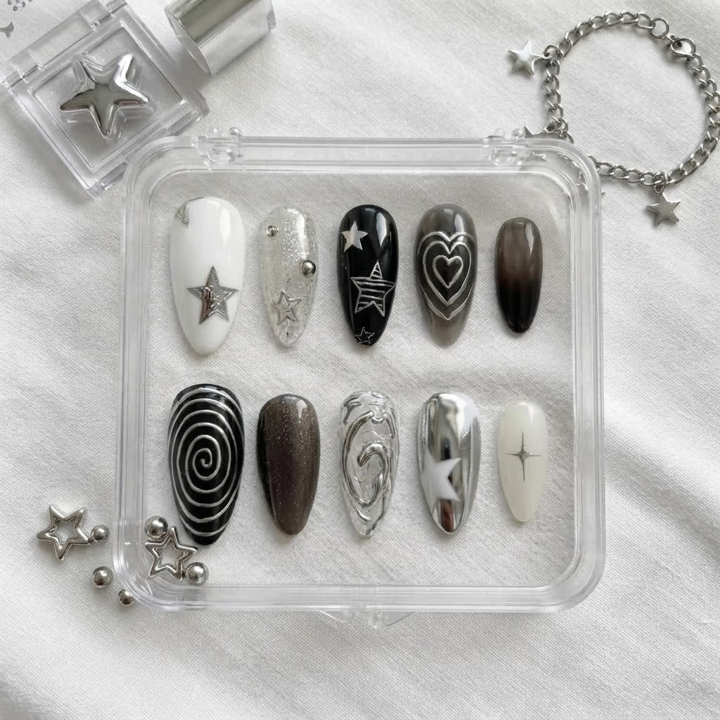 Silver Y2K Chrome Star Swirl Art, Almond Press On Nails, For Everyday Wear