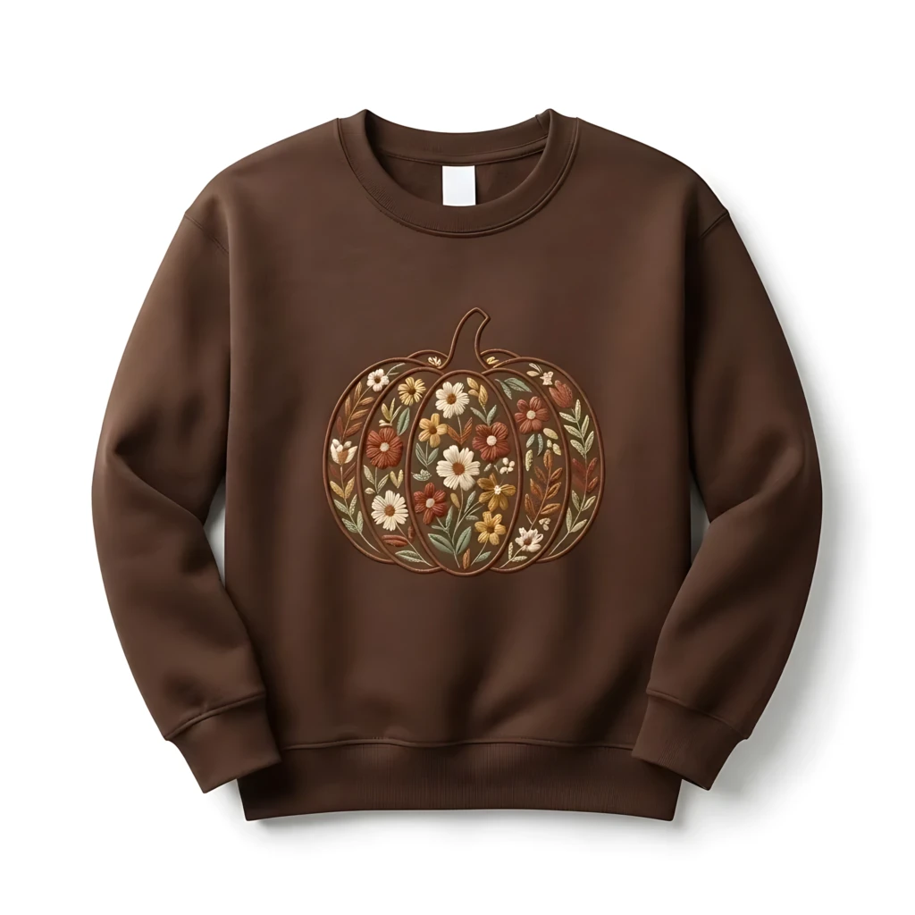 Floral Pumpkin Embroidered Boho Wildflower Artwork, Sweatshirt, Fall Vibes Brown Women Fashion