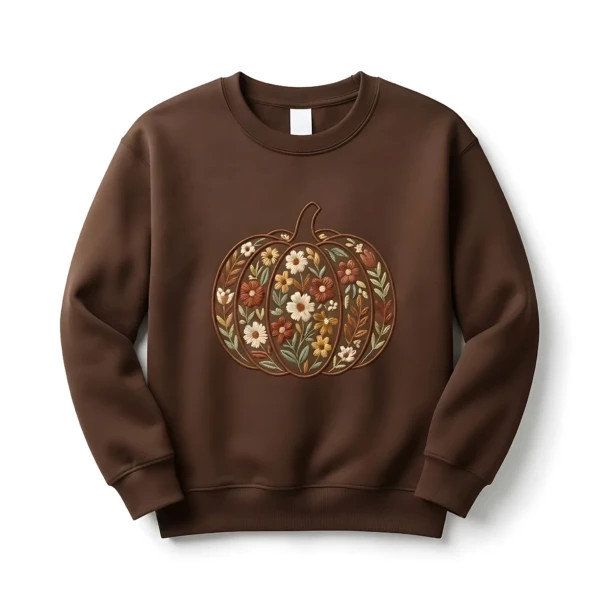Floral Pumpkin Embroidered Boho Wildflower Artwork, Sweatshirt, Fall Vibes Brown Women Fashion