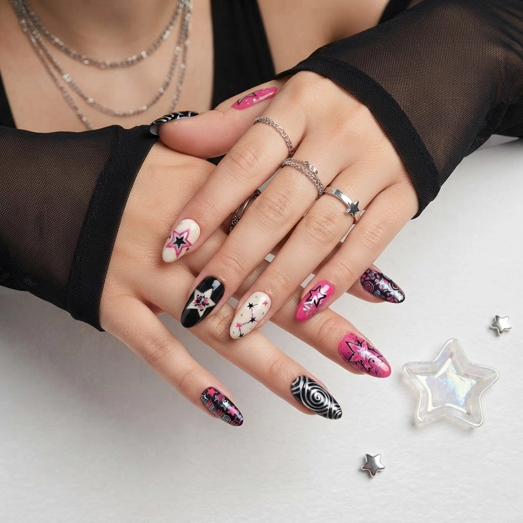 Hot Pink Cyber Y2K Star Art, Medium Almond Press On Nails, Everyday Wear