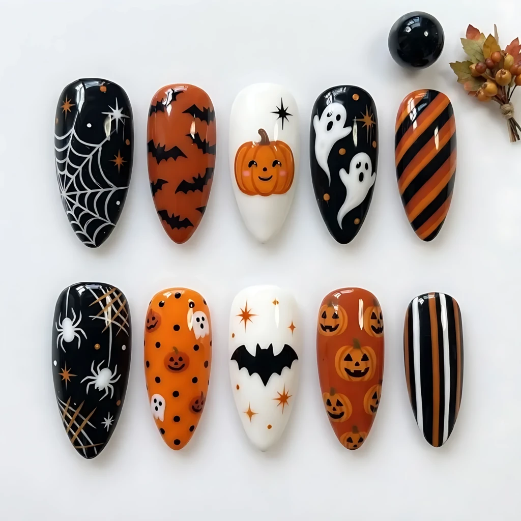 Black Orange White Hand Painted Pumpkin Ghost Bat Art, Halloween Press On Nails, Spooky Season Wear