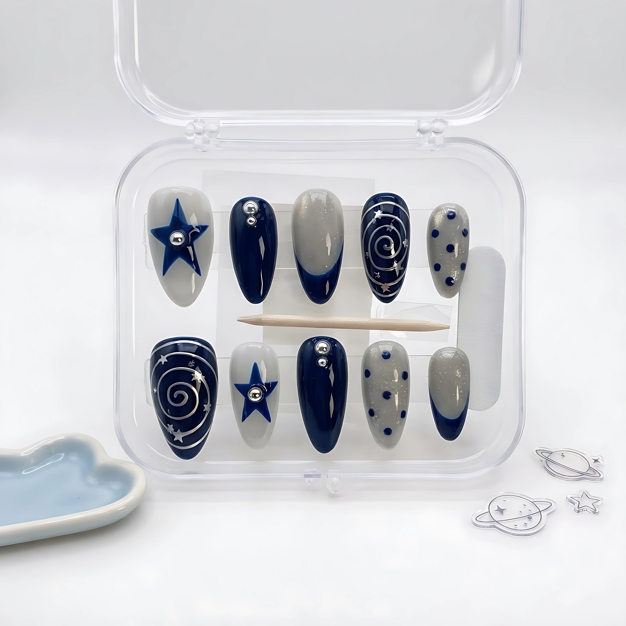 Blue And Silver Star Cat Eye, Long Almond Press On Nails, Y2K Kawaii Manicure Set