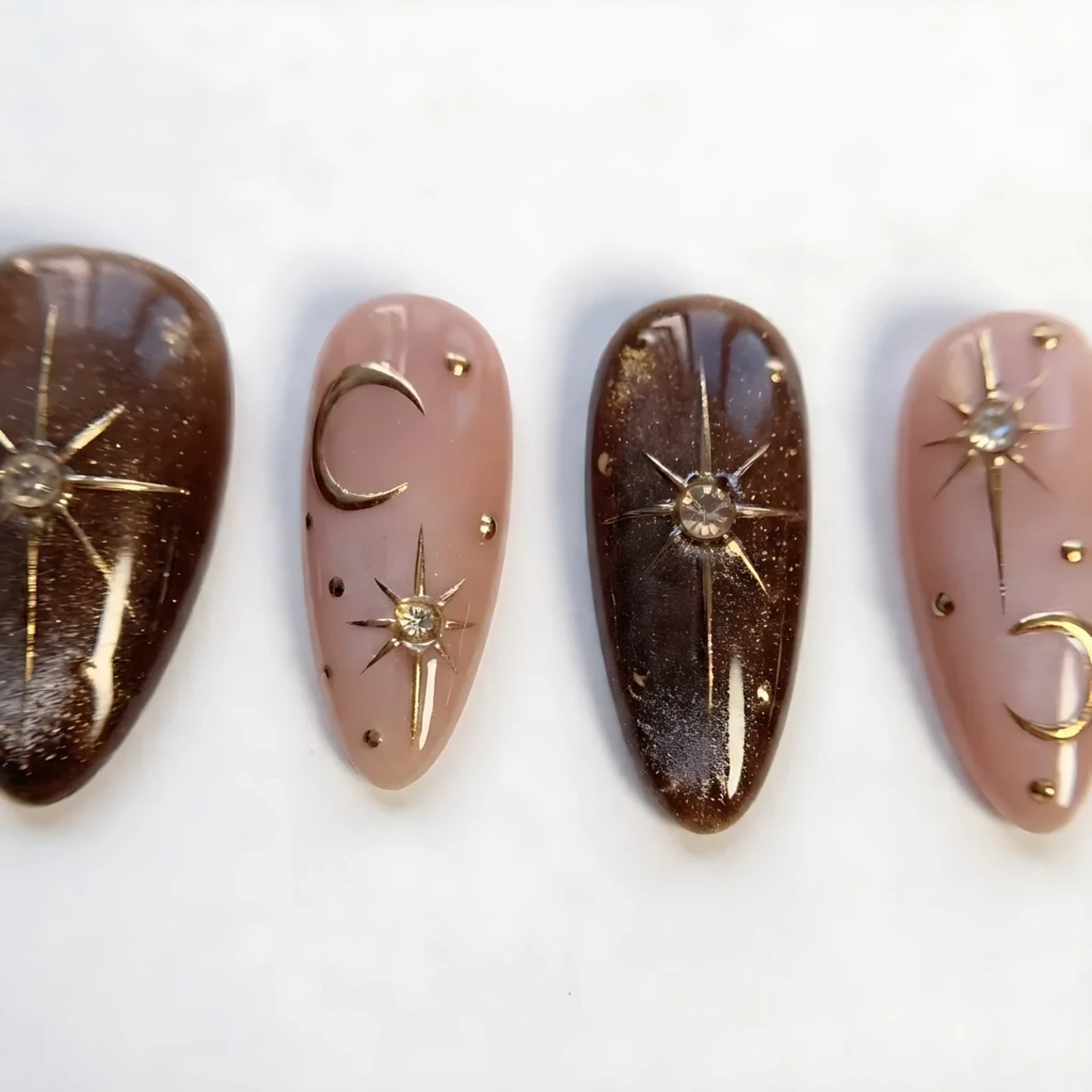 Brown Amber Cat Eye Gold Moon Star, Long Almond Press On Nails, Elegant Fall Vacation Manicure