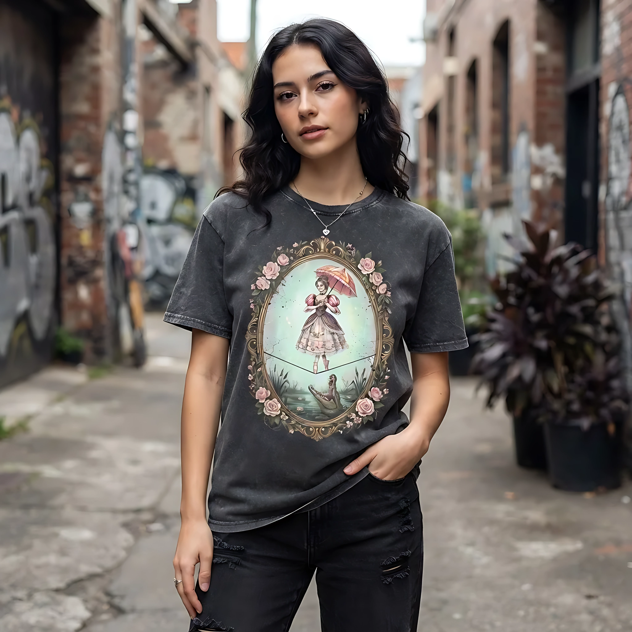 Haunted Mansion Tightrope Girl Graphic Print Rose Frame, Vintage Tee, Halloween Trip Black Goth Tee