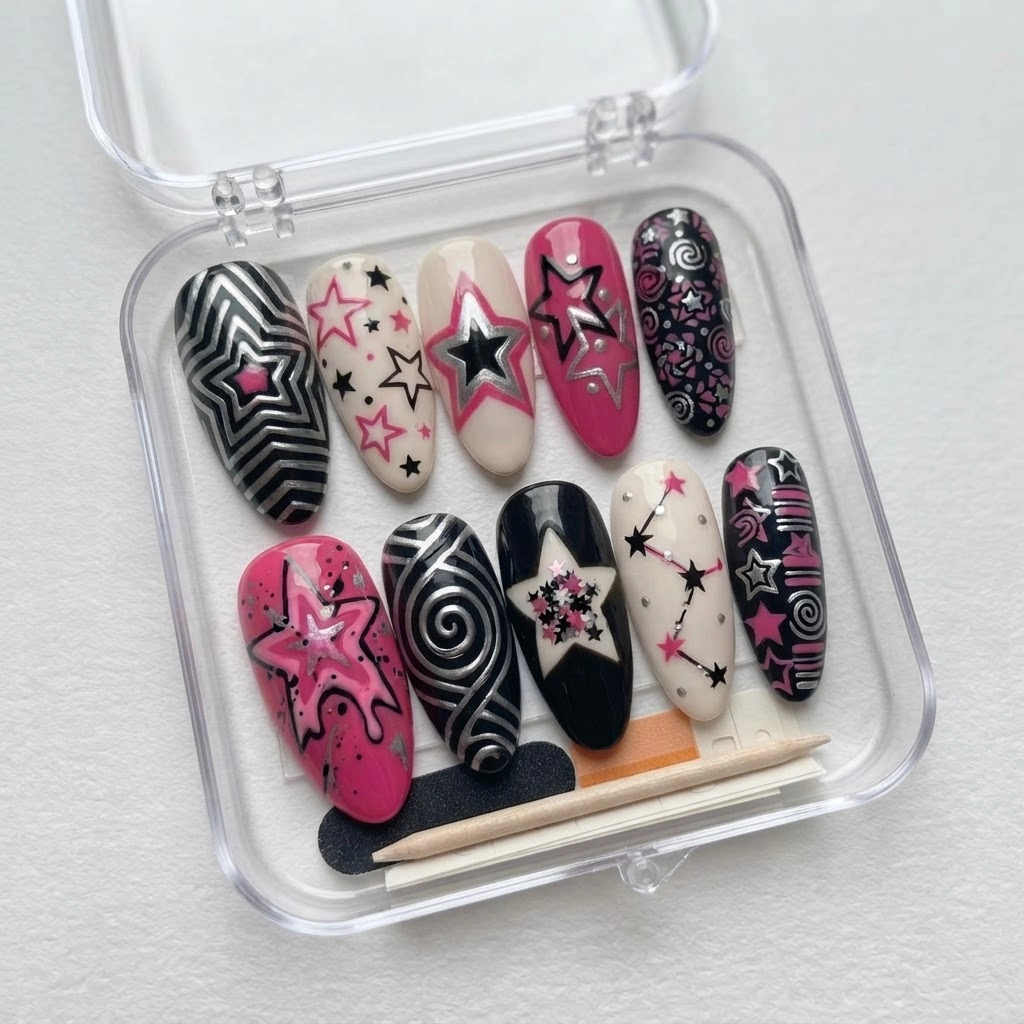 Hot Pink Cyber Y2K Star Art, Medium Almond Press On Nails, Everyday Wear