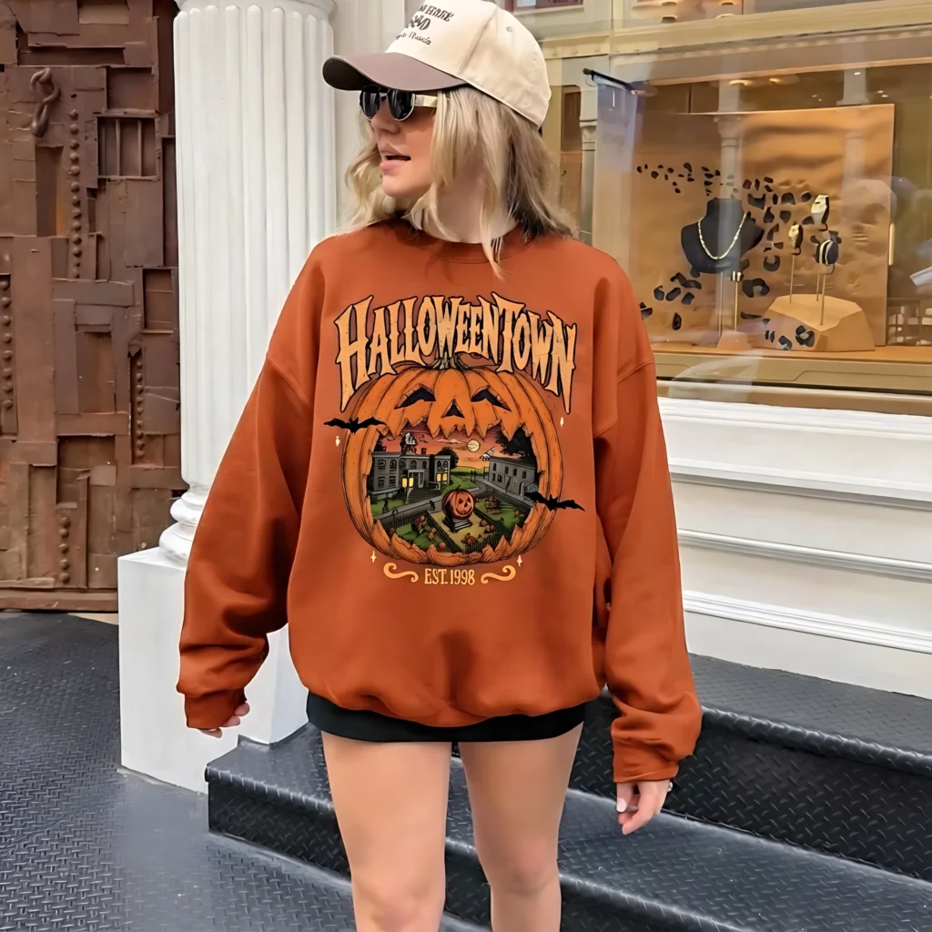 Halloweentown Est 1998 Retro Print Pumpkin Graphic, Crewneck Sweatshirt, Fall Gift Black Halloween