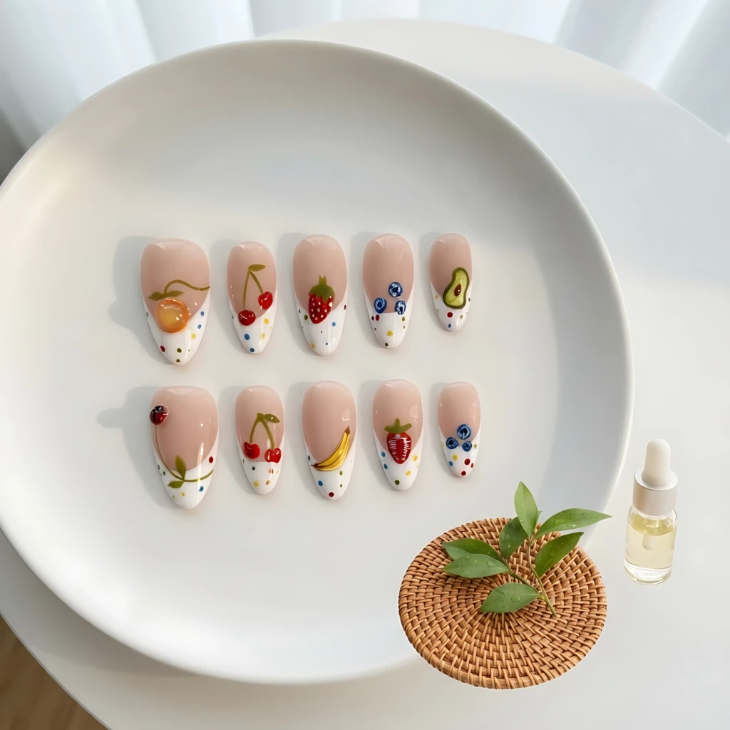 White French Summer Fruit Nail Art, Long Almond Press On Nails, Cute Summer Holiday Gift For Her