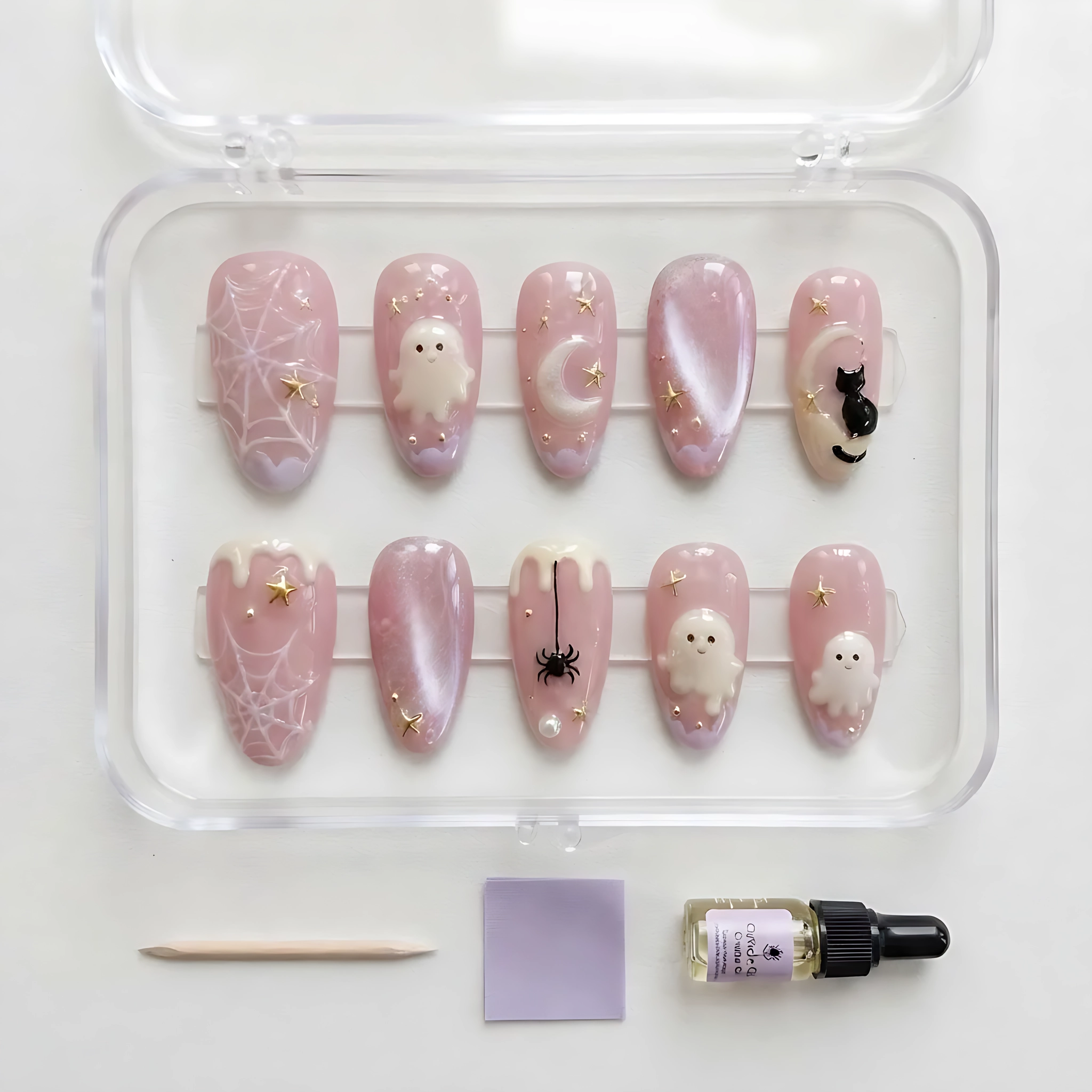 Pastel Pink 3D Ghost Spider Web Moon Nails, Kawaii Custom Press On Set, Halloween Gel Nails