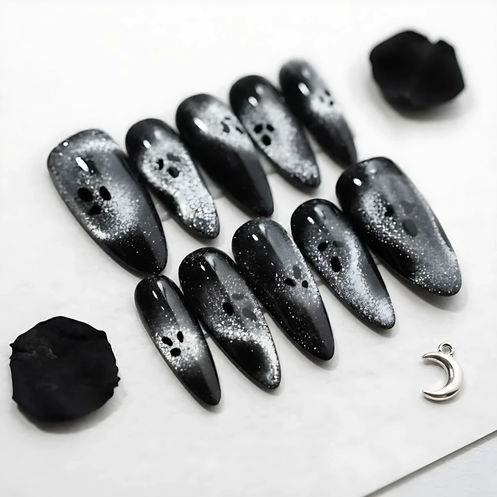 Black Silver Shimmer Ghost Nail Art, Reusable Almond Press On Nails, Halloween Costume Manicure