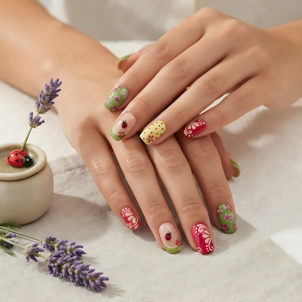 Colorful Hand Painted Floral Ladybug Art, Short Square Press On Nails, Everyday Wear And Garden Party Gift
