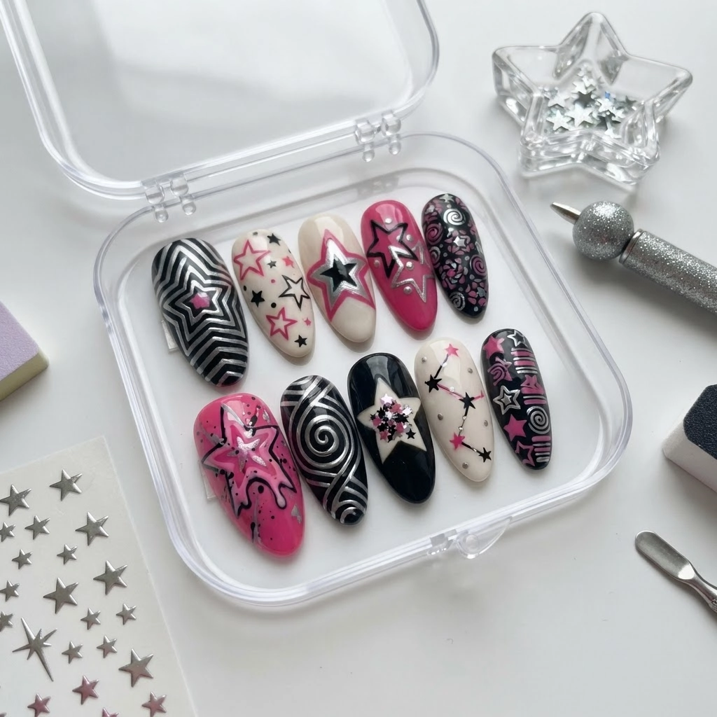 Hot Pink Cyber Y2K Star Art, Medium Almond Press On Nails, Everyday Wear