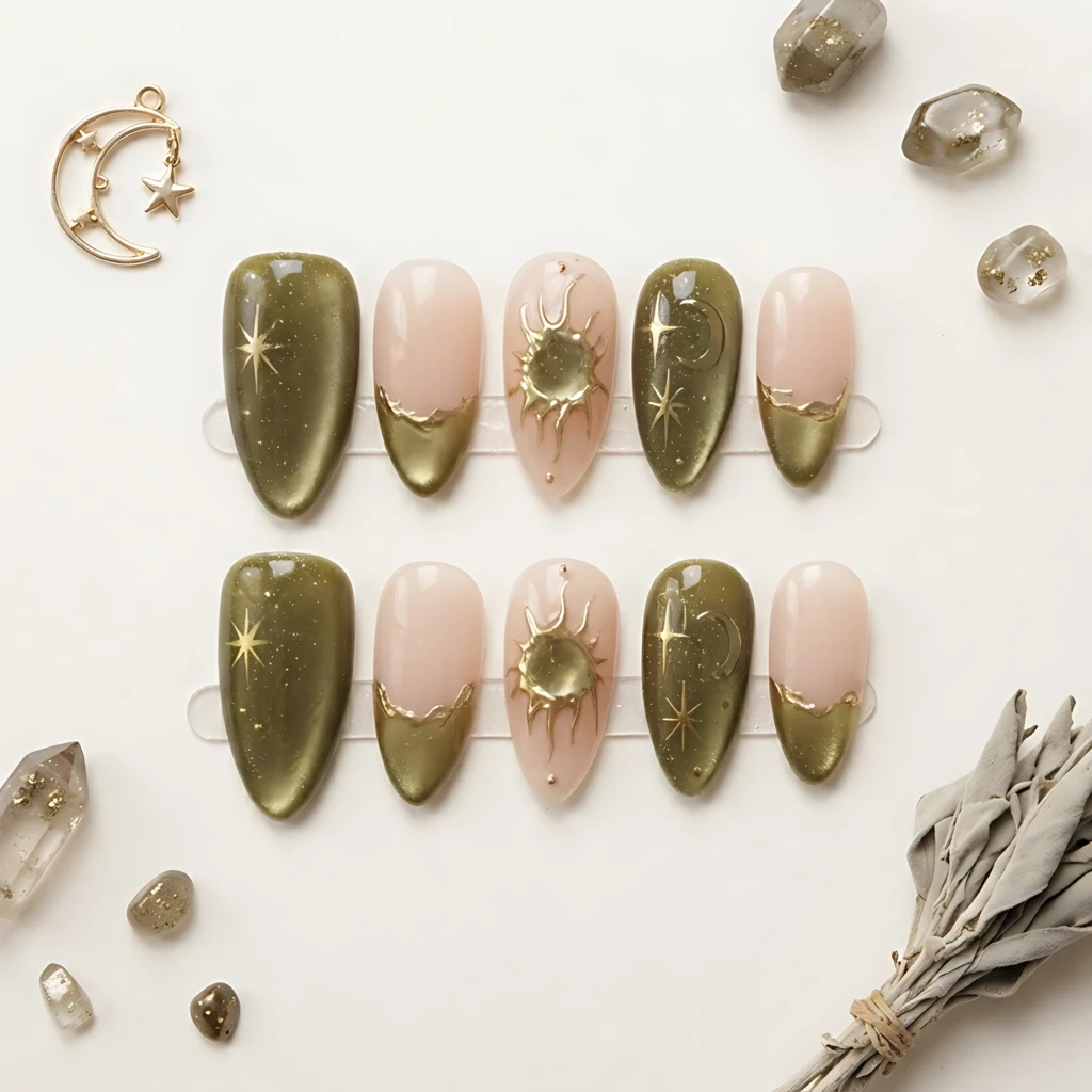 Olive Green Fairy Galaxy Sun Stars 3D Chrome Nails, Almond Press On Set, Celestial Manicure Set