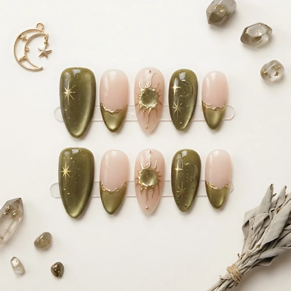 Olive Green Fairy Galaxy Sun Stars 3D Chrome Nails, Almond Press On Set, Celestial Manicure Set