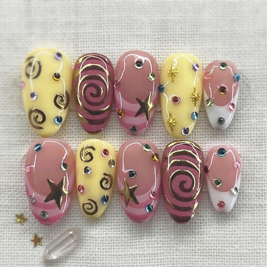Pink Yellow Gold Chrome Swirl Celestial Stars, Y2K Press On Nails, For Daily Wear