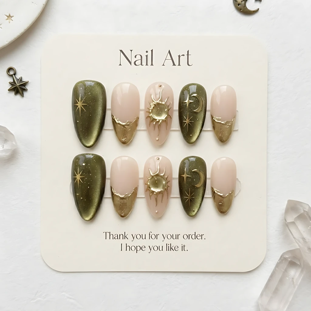 Olive Green Fairy Galaxy Sun Stars 3D Chrome Nails, Almond Press On Set, Celestial Manicure Set