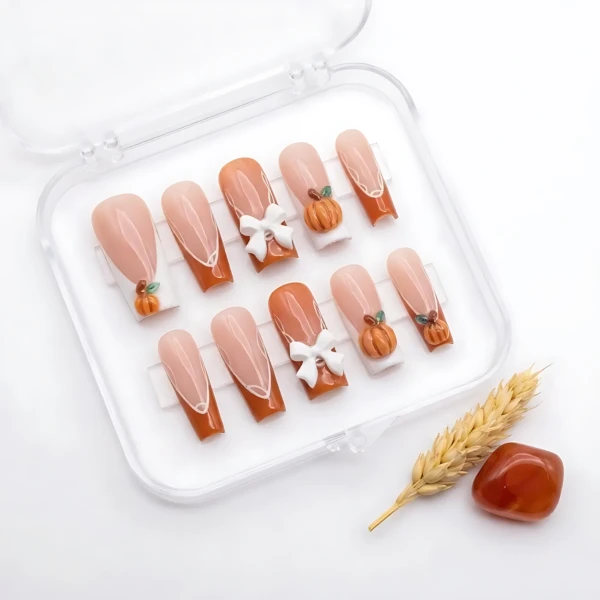 Burnt Orange And White 3D Pumpkin Bow French Tip, Handmade Press On Nails, Fall Halloween Manicure