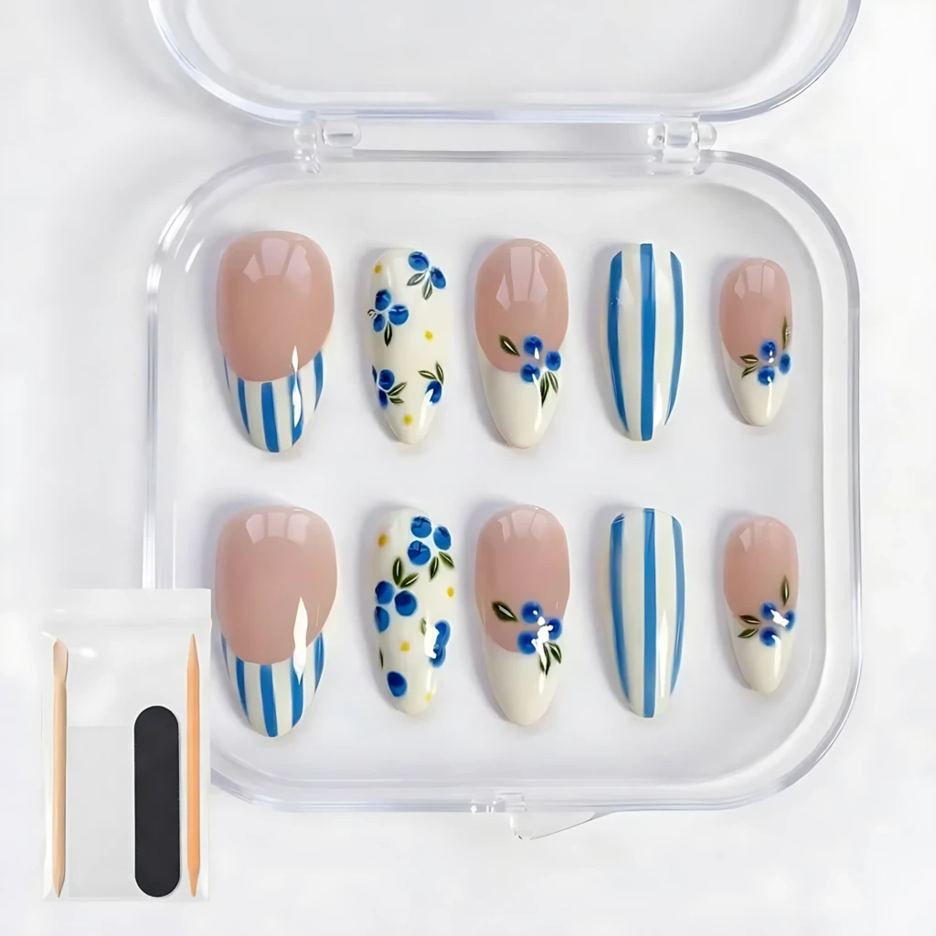 Blueberry Hand-Painted Blue Striped French Tip, Long Almond Press On Nails, Summer Vacation Set