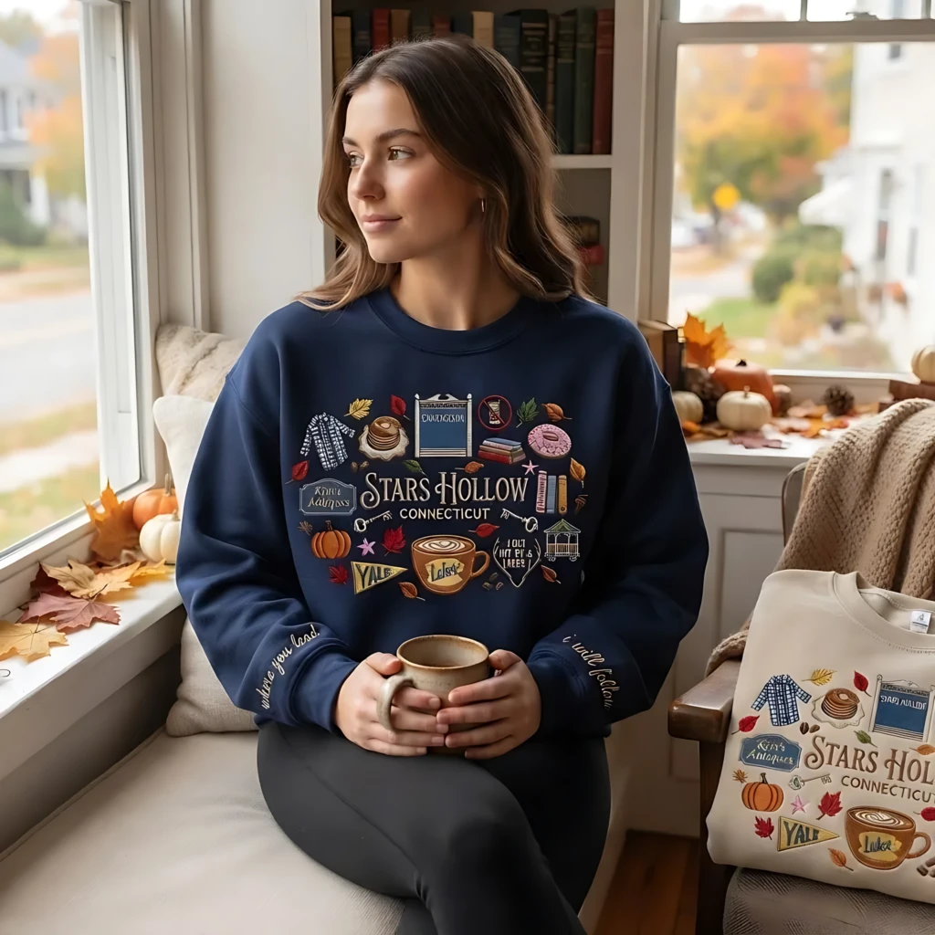 Stars Hollow Embroidered Crewneck Sweatshirt, Autumn Gift Sand Gilmore Fans