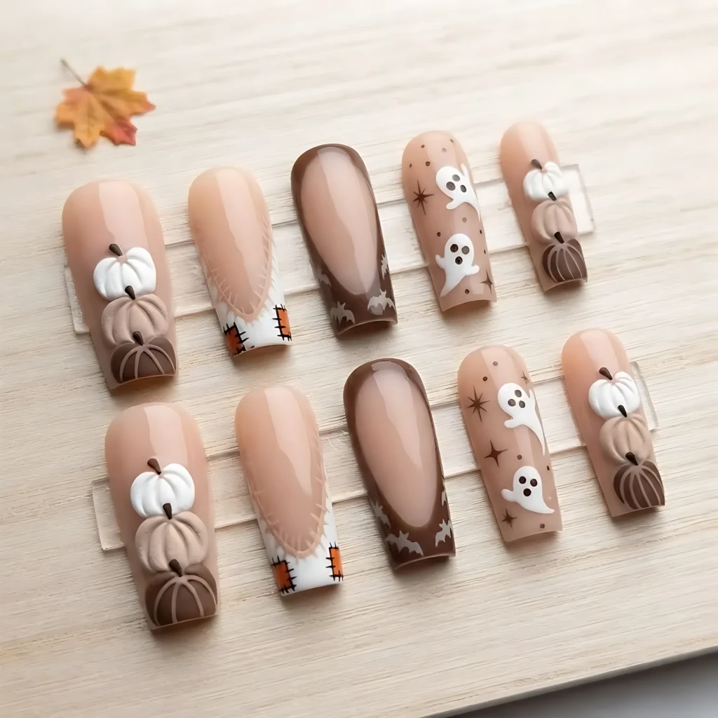 Brown Nude Cute Ghost And 3D Pumpkin Art, Long Square Press On Nails, Spooky Fall Fake Nails