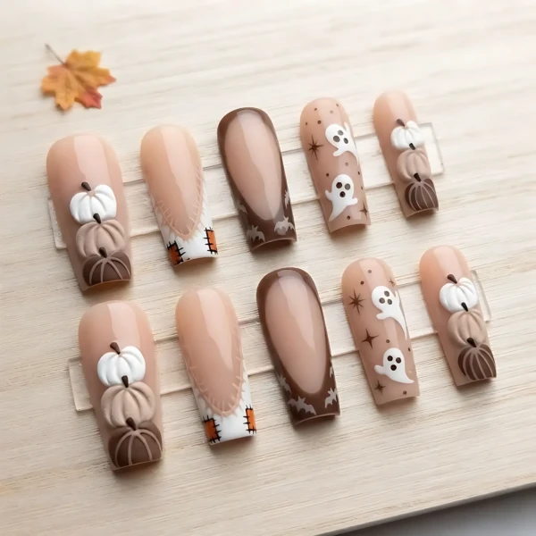 Brown Nude Cute Ghost And 3D Pumpkin Art, Long Square Press On Nails, Spooky Fall Fake Nails