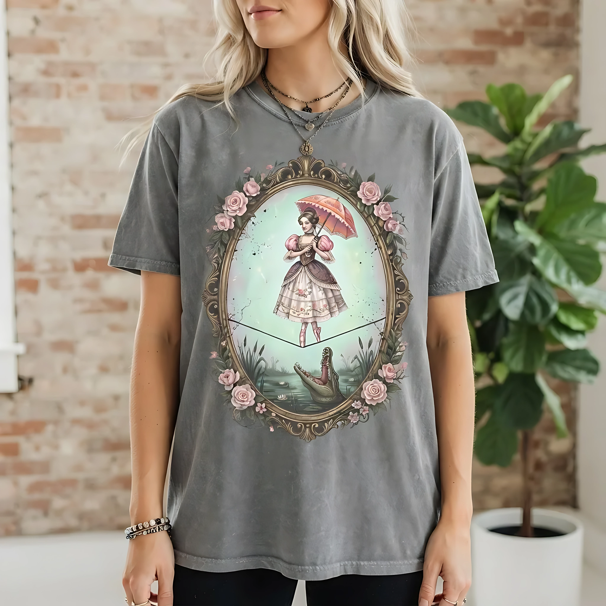 Haunted Mansion Tightrope Girl Graphic Print Rose Frame, Vintage Tee, Halloween Trip Black Goth Tee