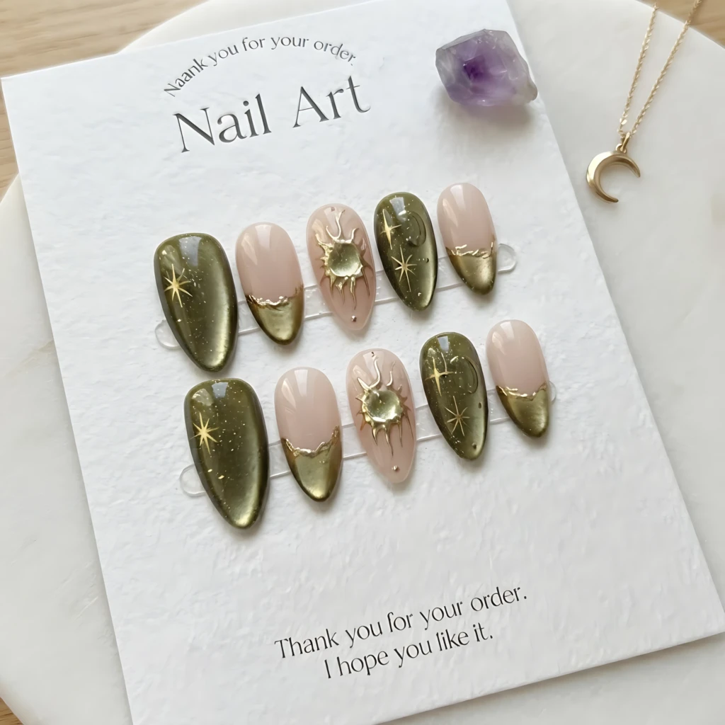 Olive Green Fairy Galaxy Sun Stars 3D Chrome Nails, Almond Press On Set, Celestial Manicure Set