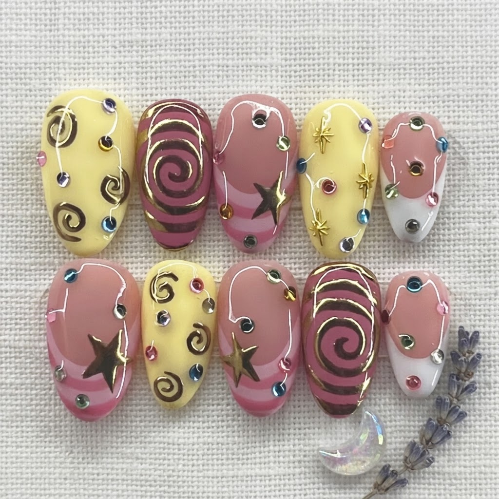 Pink Yellow Gold Chrome Swirl Celestial Stars, Y2K Press On Nails, For Daily Wear