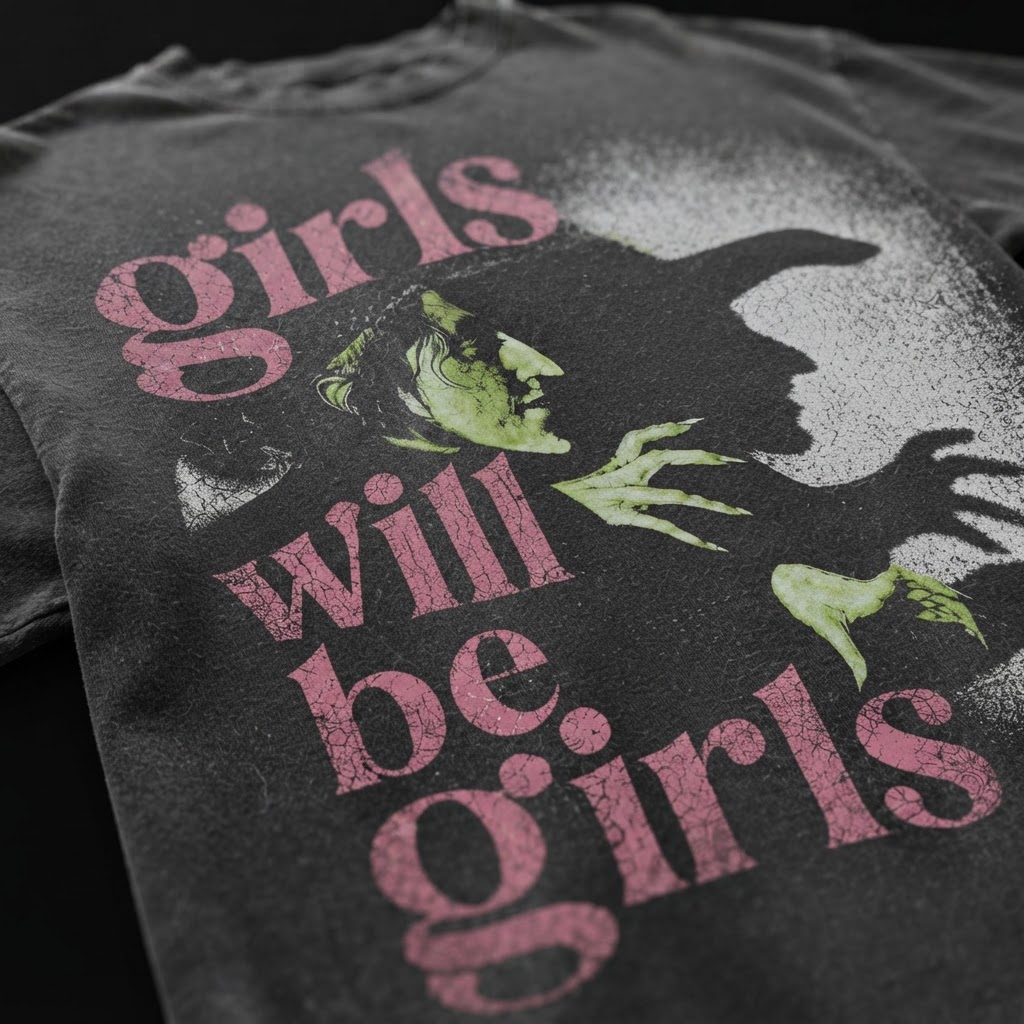 Girls Will Be Girls Vintage Witch Distressed Graphic, T-Shirt, Pink Goth Tee