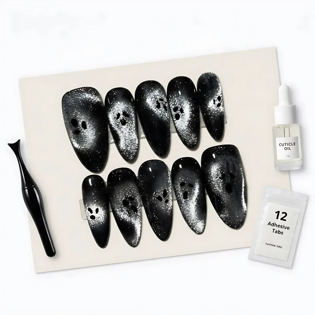 Black Silver Shimmer Ghost Nail Art, Reusable Almond Press On Nails, Halloween Costume Manicure