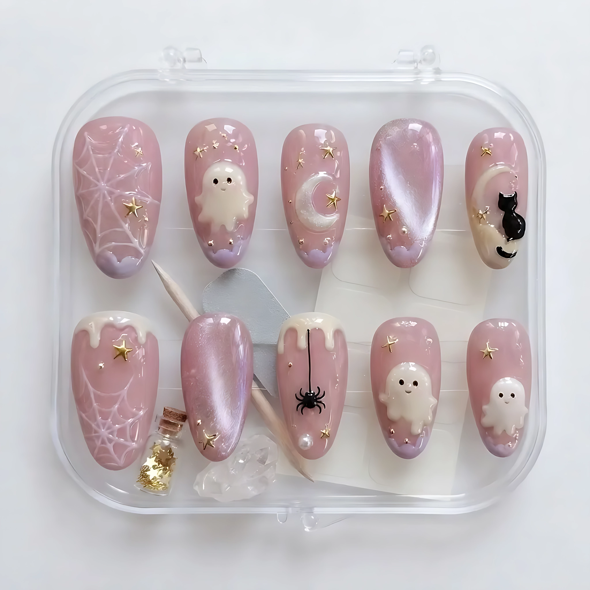 Pastel Pink 3D Ghost Spider Web Moon Nails, Kawaii Custom Press On Set, Halloween Gel Nails