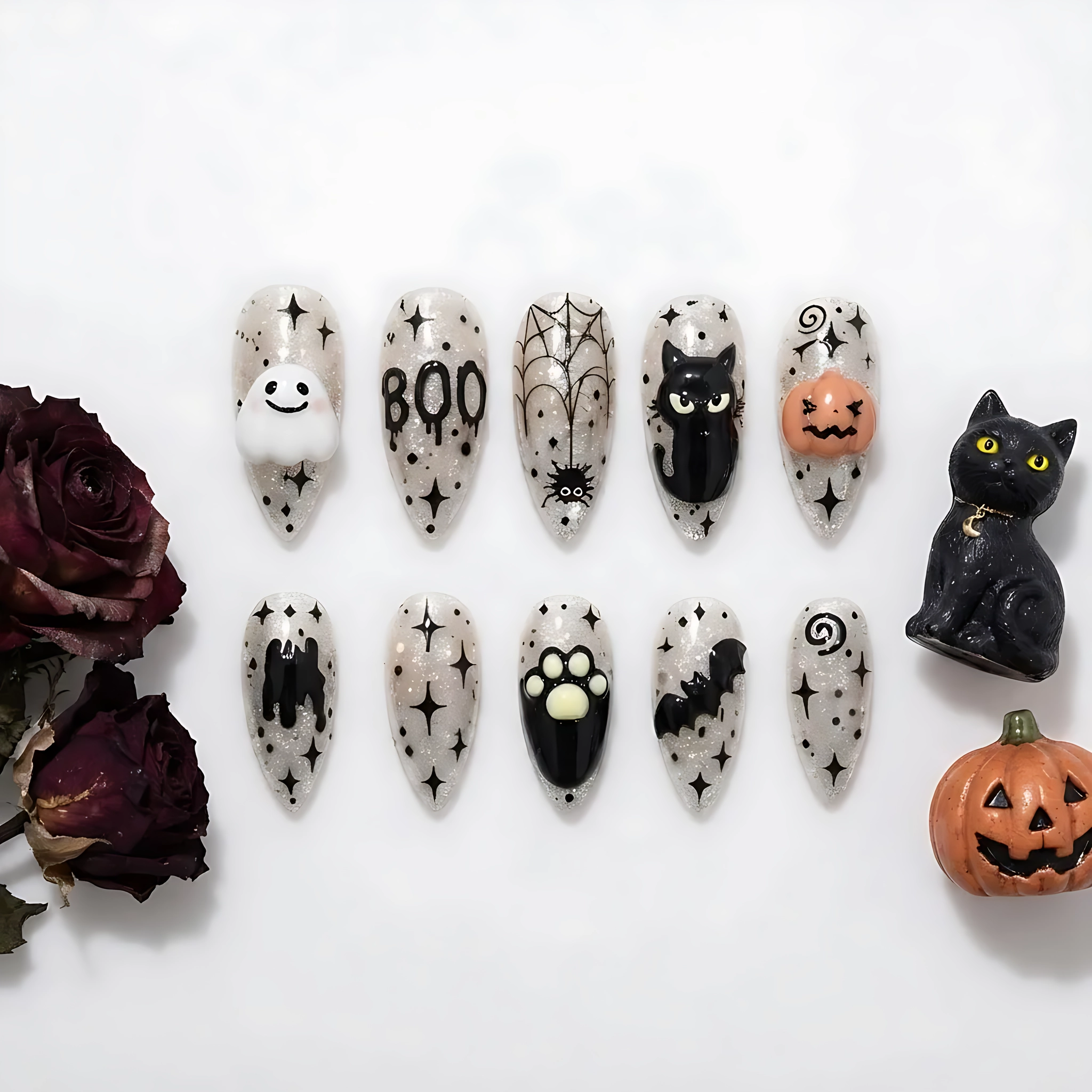 Sparkling Silver Halloween Ghost Spiderweb Art, Gothic Press On Nails, Halloween Party Manicure