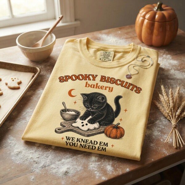Spooky Biscuits Black Cat Vintage Graphic, Comfort Colors Tee, Khaki Cat Gift