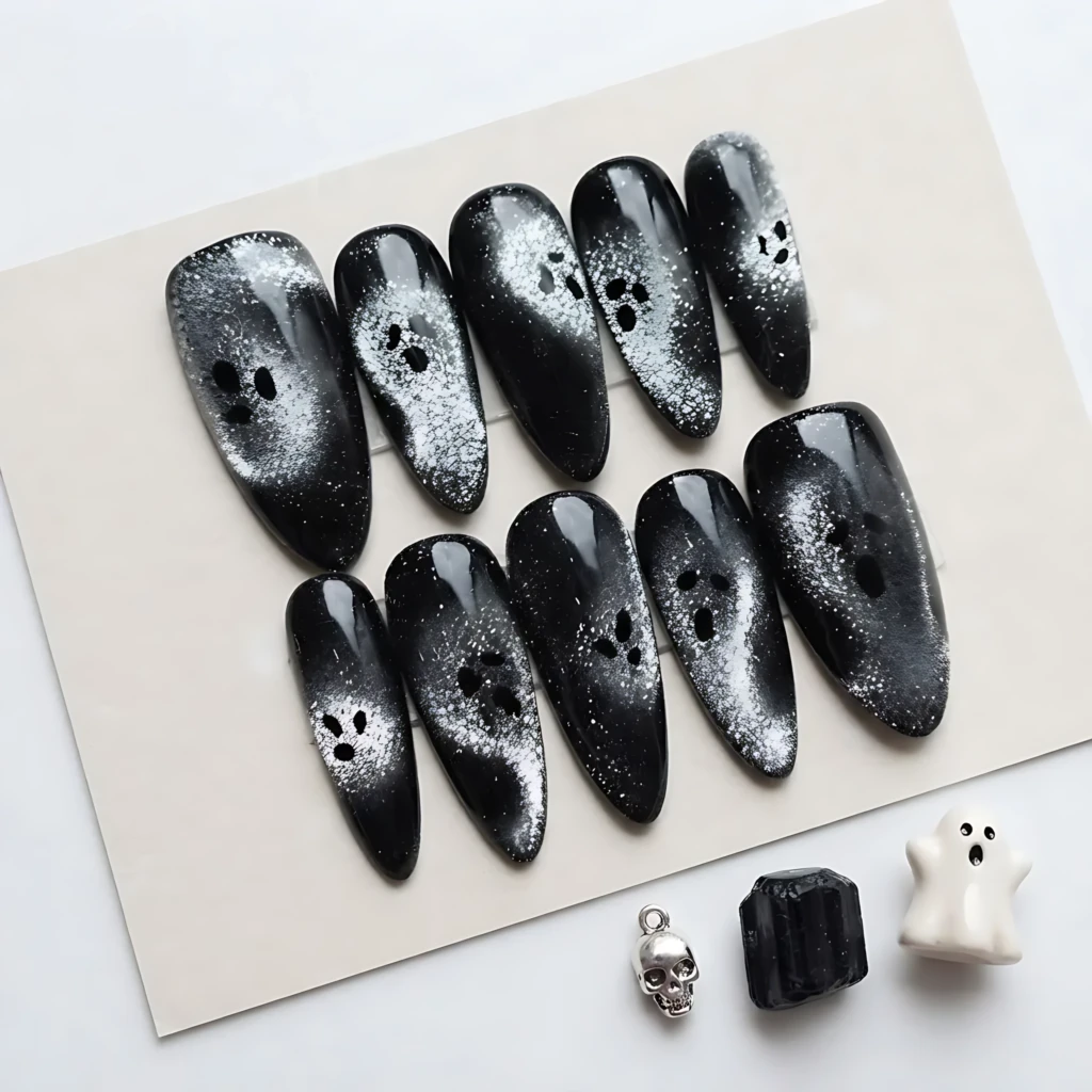 Black Silver Shimmer Ghost Nail Art, Reusable Almond Press On Nails, Halloween Costume Manicure
