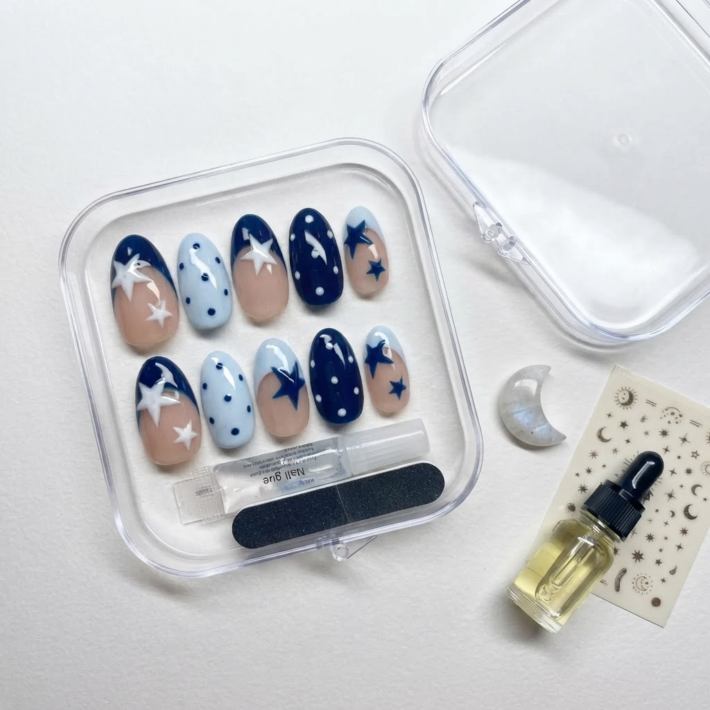 Blue Hand-Painted Star Press On Nails, Y2K Oval Style, Daily Wear Party Set