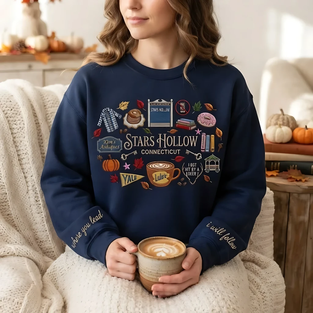 Stars Hollow Embroidered Crewneck Sweatshirt, Autumn Gift Sand Gilmore Fans