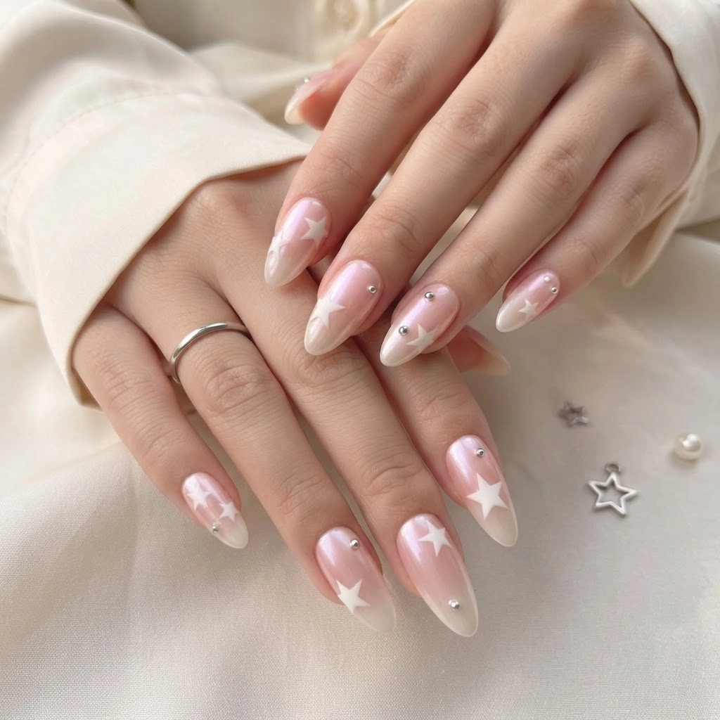Pearlescent Pink White Star Aura, Almond Press On Nails, Everyday Wear