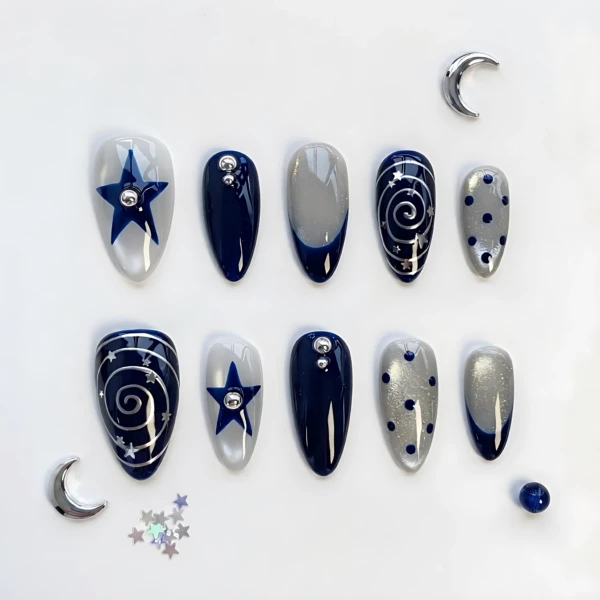 Blue And Silver Star Cat Eye, Long Almond Press On Nails, Y2K Kawaii Manicure Set