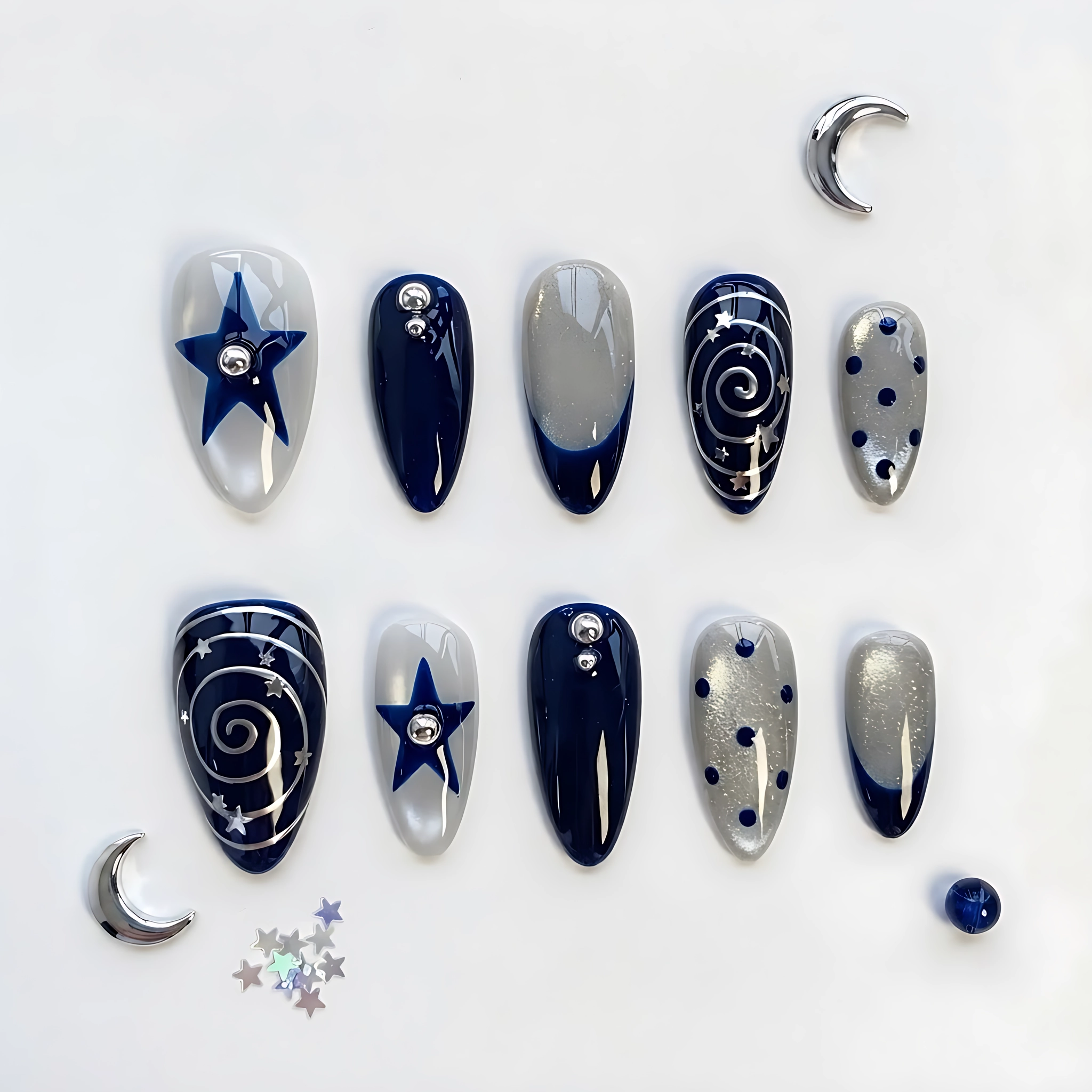 Blue And Silver Star Cat Eye, Long Almond Press On Nails, Y2K Kawaii Manicure Set