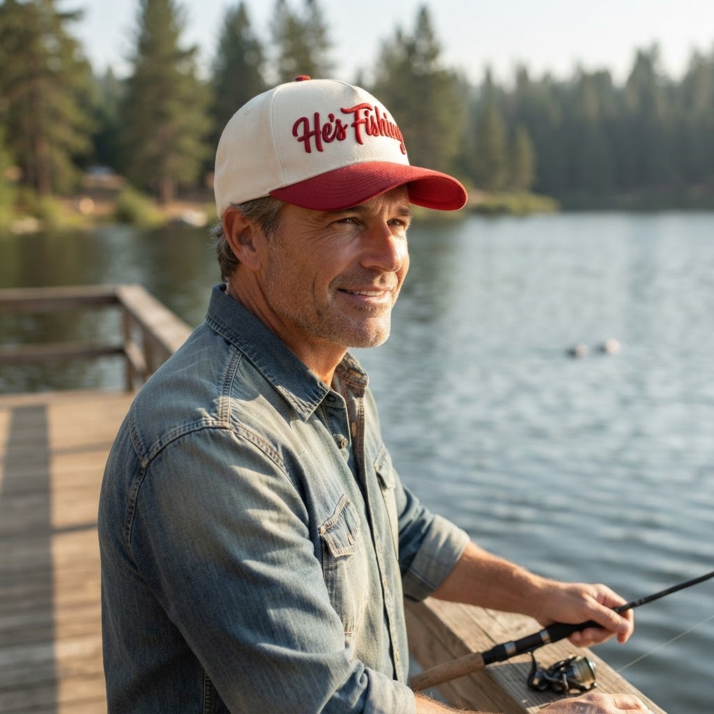 He’s Fishing, Baseball Hat, Trucker Cap, Fisherman Gift, Outdoor Apparel