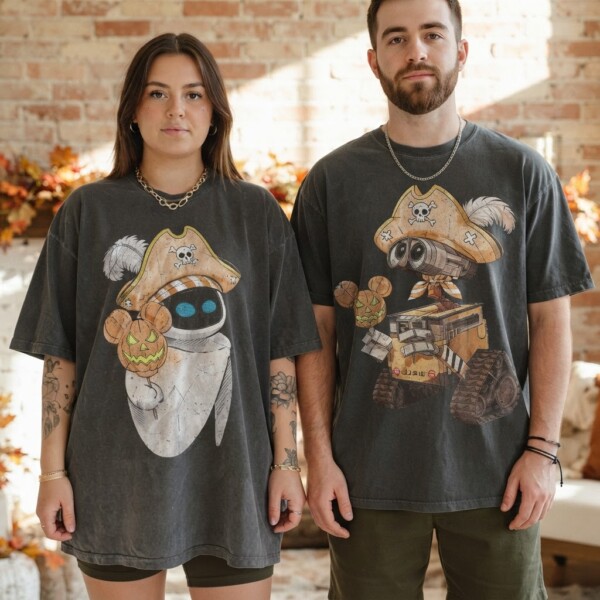Wall-E And Eve Pirate Halloween Graphic Tee, Comfort Colors Tee, Halloween Couple Shirt