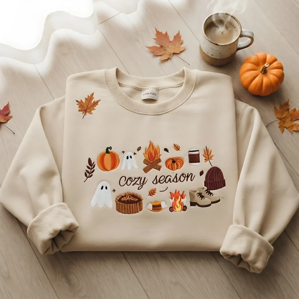 Cozy Season Embroidered Autumn Icons Graphic, Soft Unisex Sweatshirt, Fall Gift Beige Apparel
