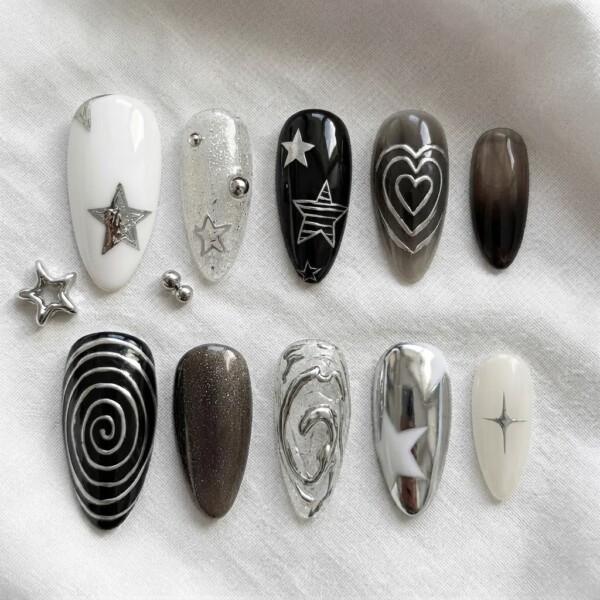 Silver Y2K Chrome Star Swirl Art, Almond Press On Nails, For Everyday Wear