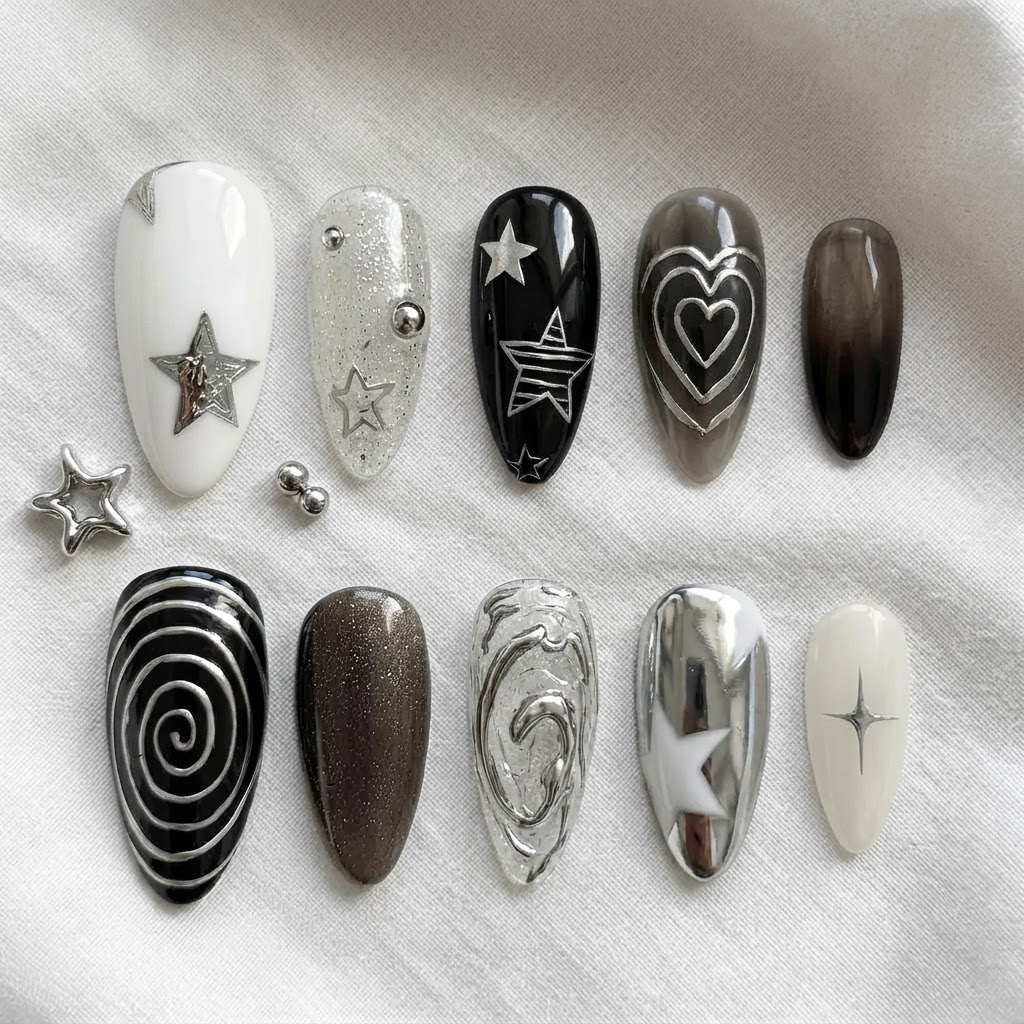 Silver Y2K Chrome Star Swirl Art, Almond Press On Nails, For Everyday Wear