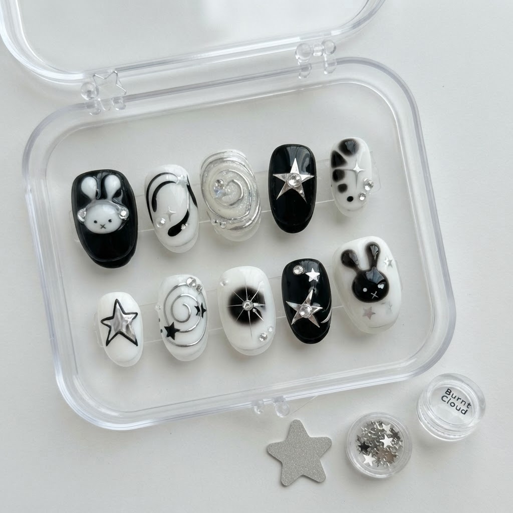 Black And White Audio Bunny Star, Handpainted Press On Nails, Daily Wear